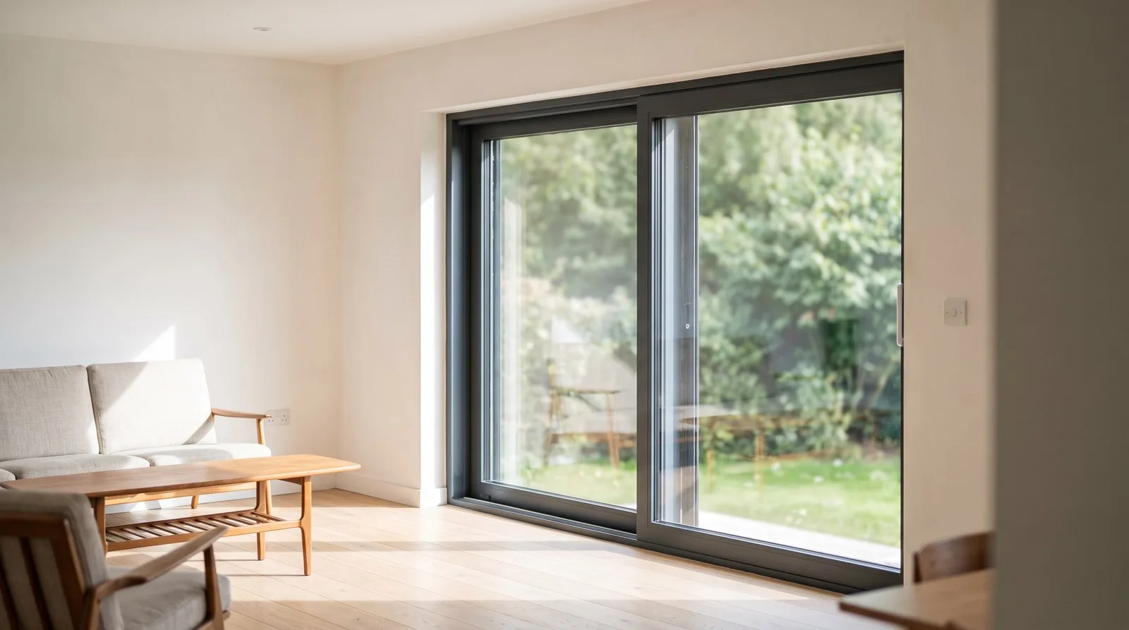 Slim-profile aluminium sliding window in a modern living room