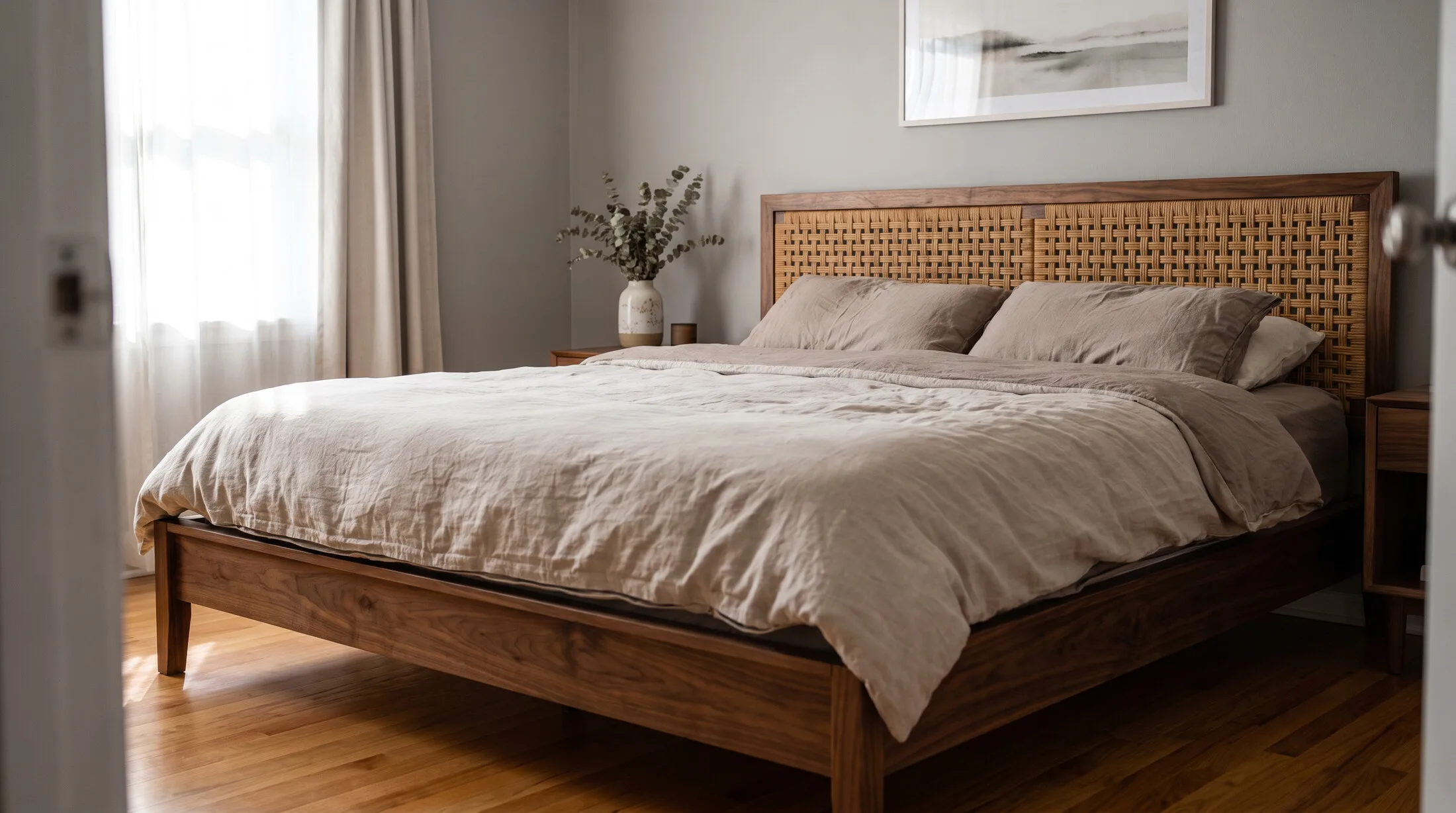 Solid wood bed with a woven cane headboard