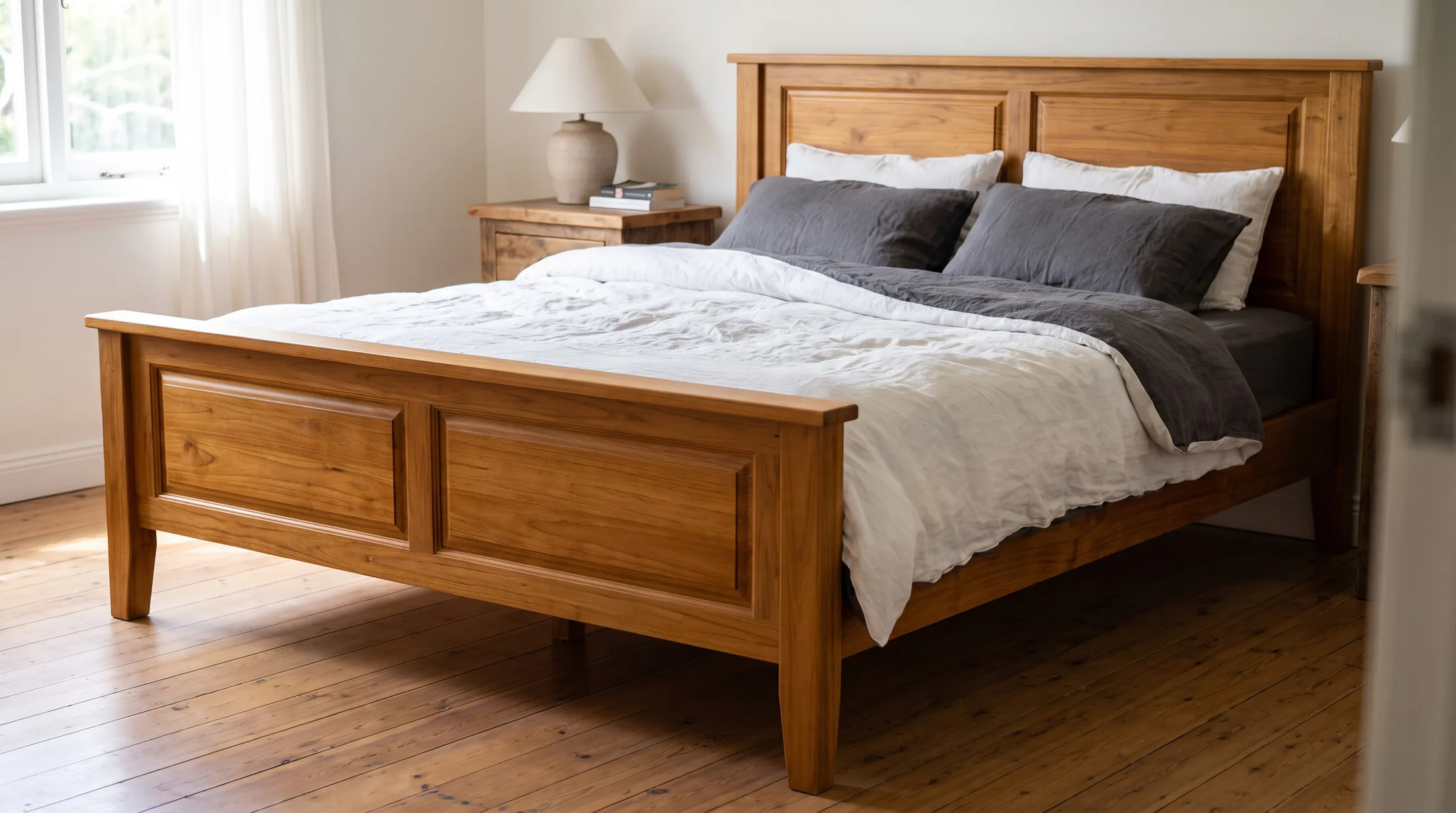 Solid teak raised-panel king bed