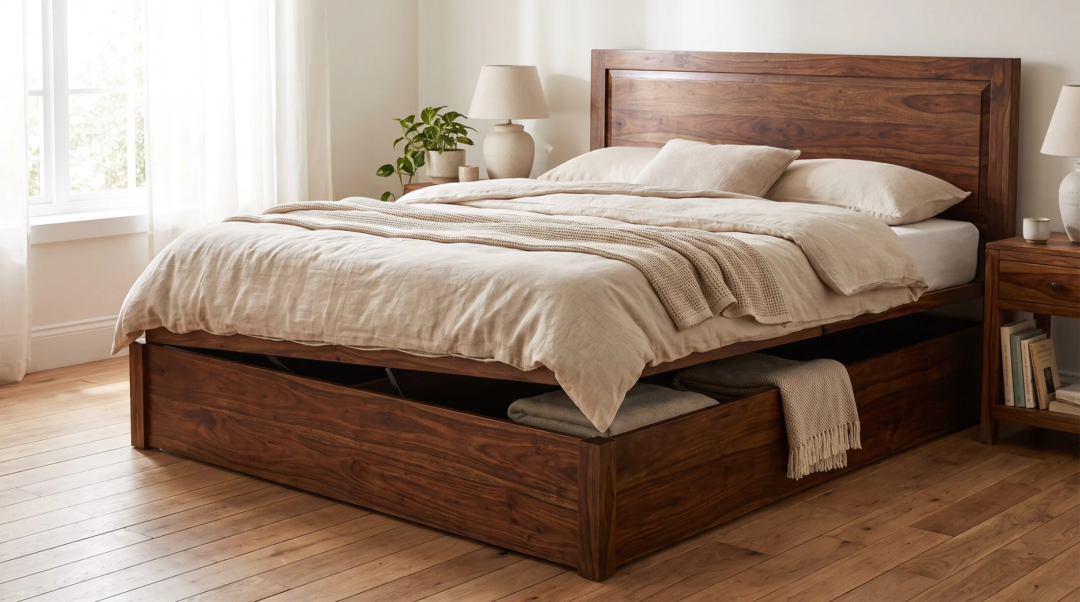 Solid wood bed with a hydraulic lift-up storage base
