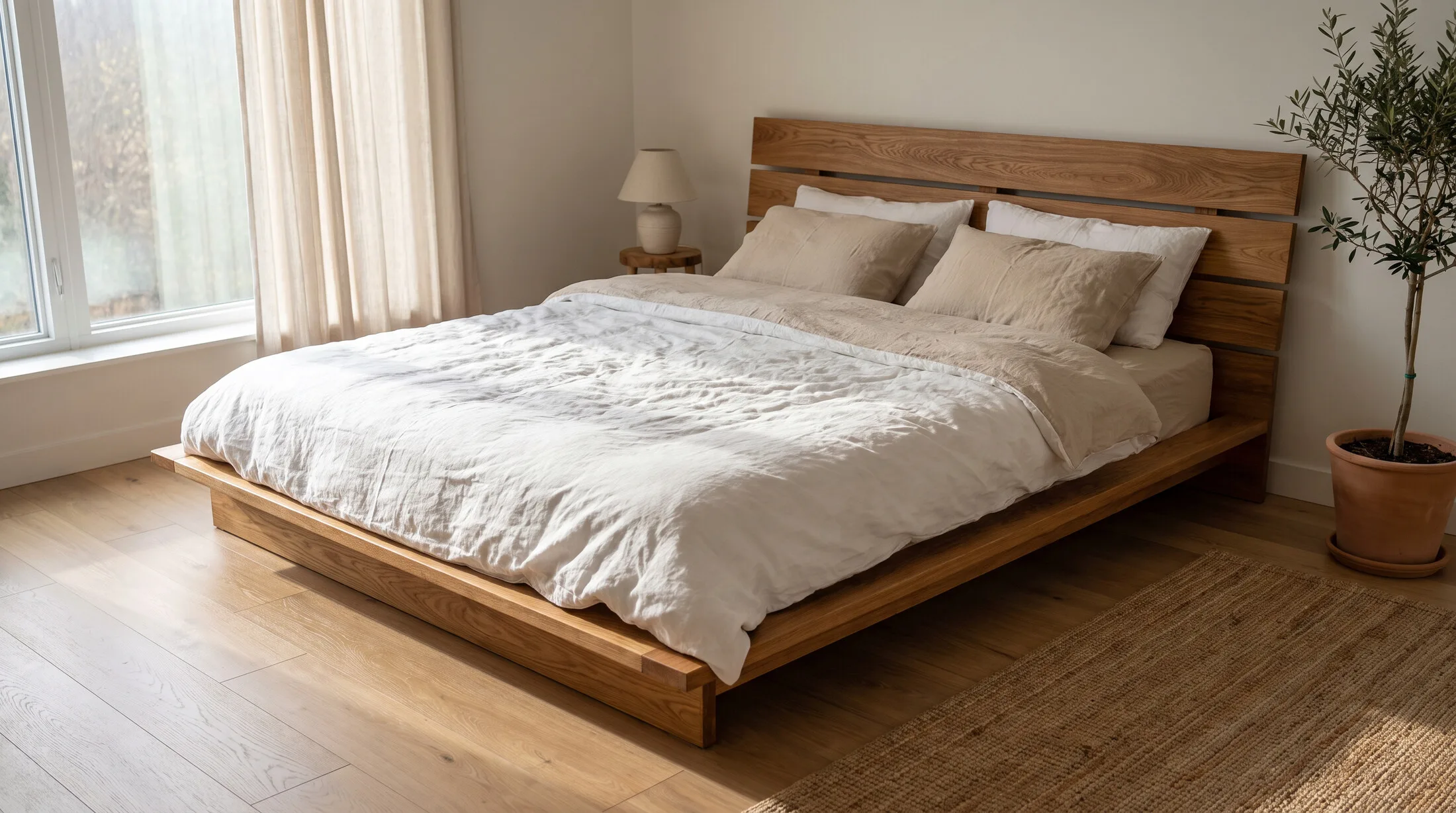 Low-platform solid wood bed with a slatted headboard