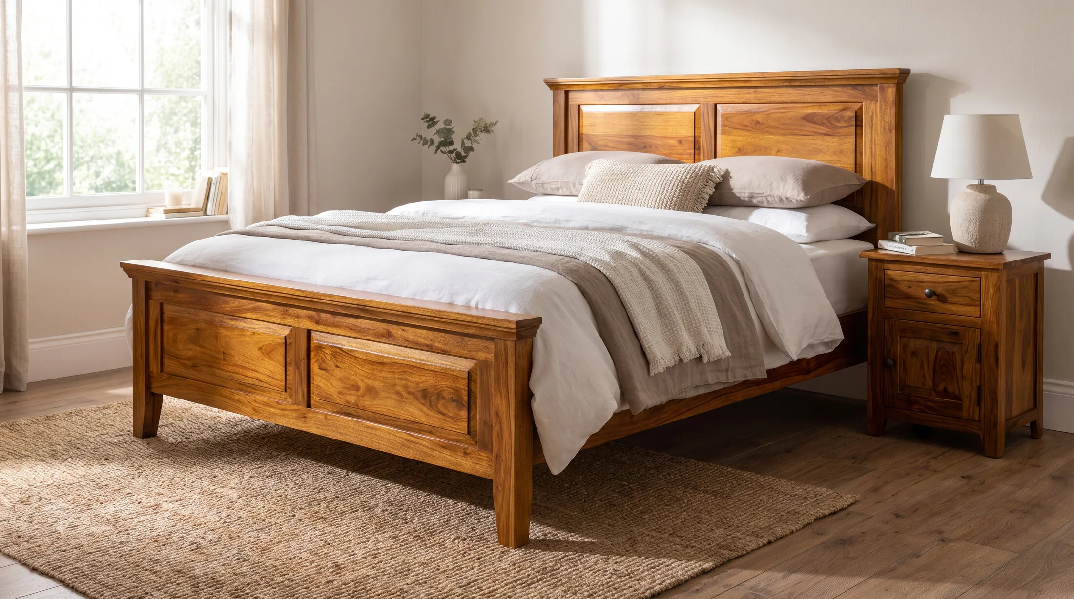 Simple solid sheesham double bed with a plain panel headboard