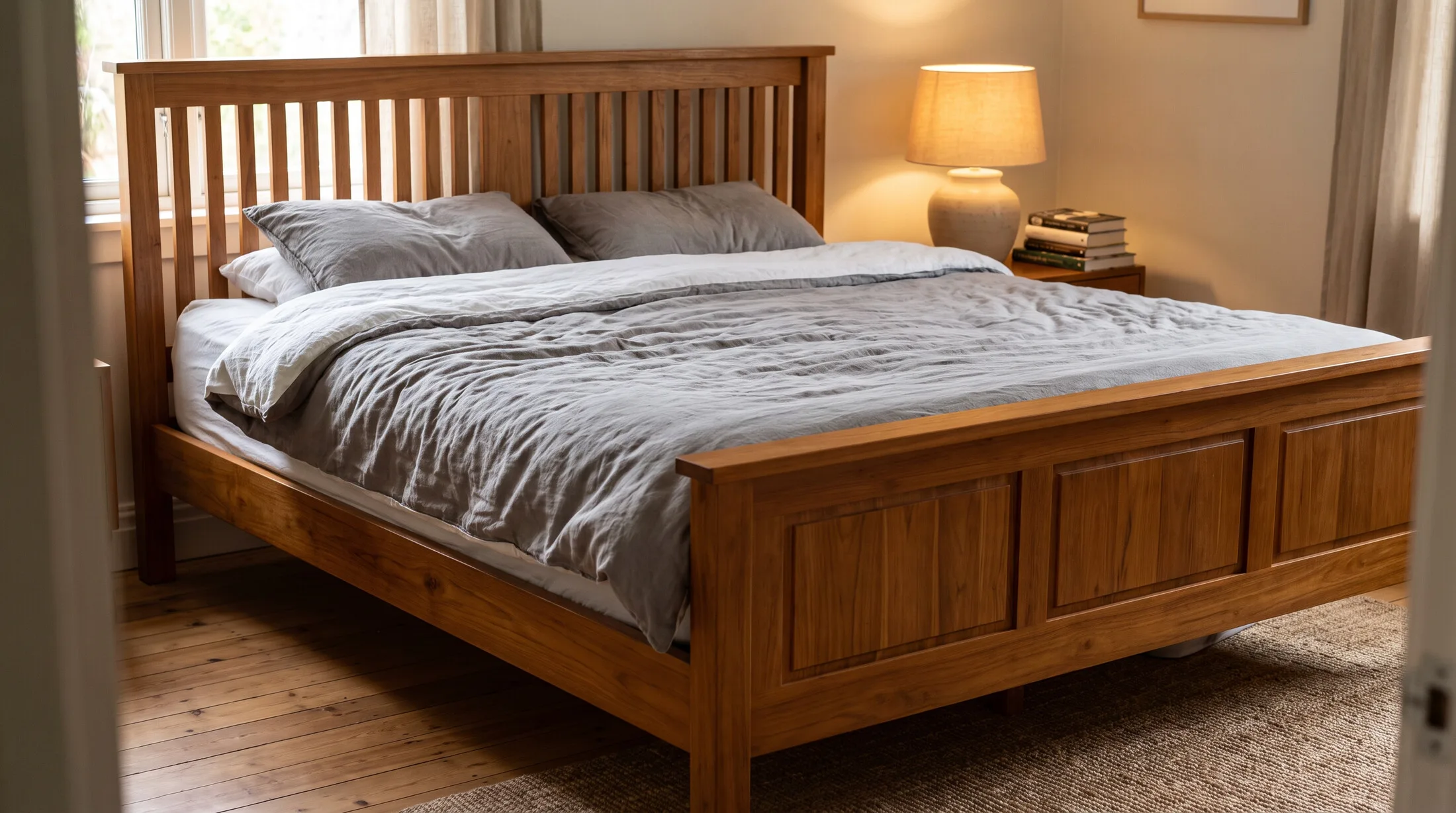 Solid teak bed with a slatted headboard