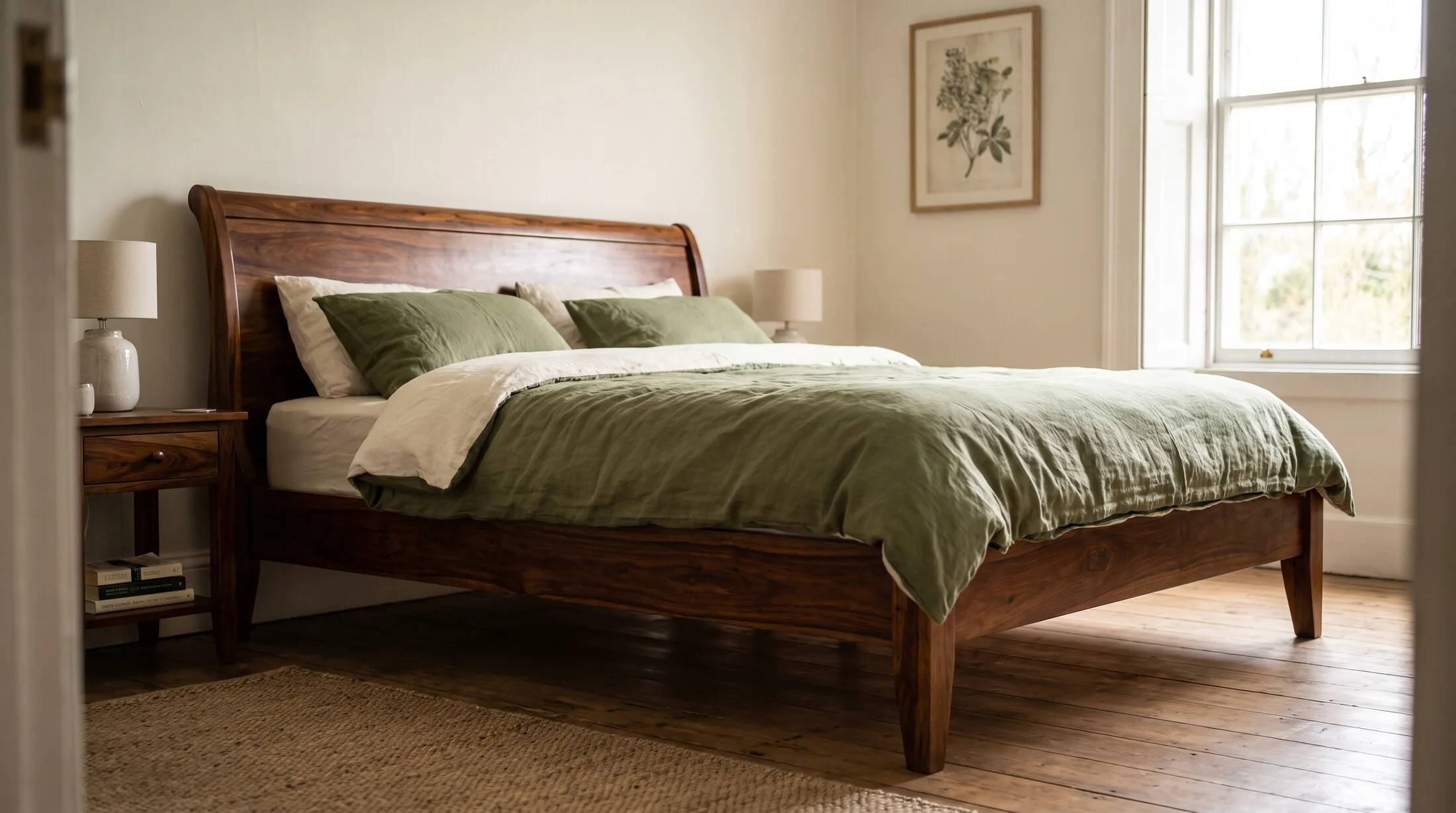Solid wood sleigh bed with a curved headboard