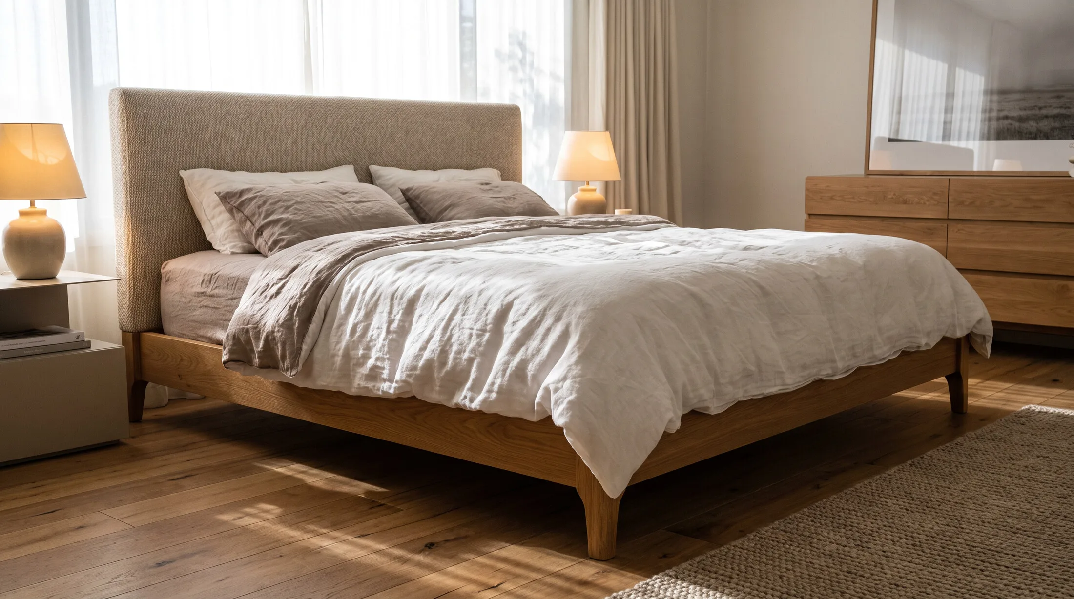 Bed with an upholstered fabric headboard on a wood frame