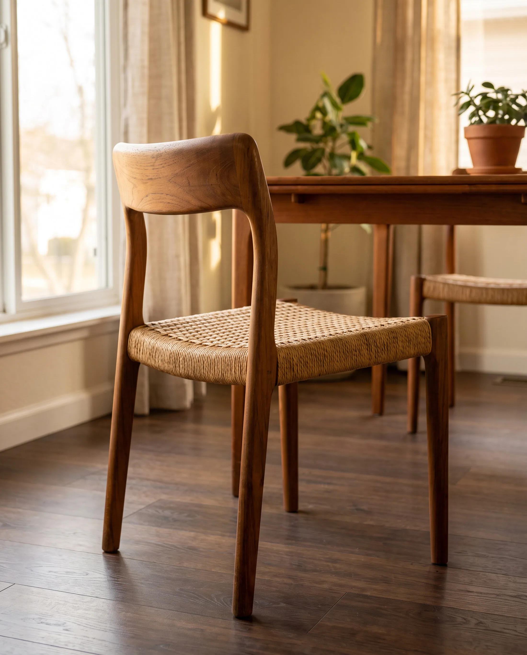 Solid wood dining chair with a woven cane seat