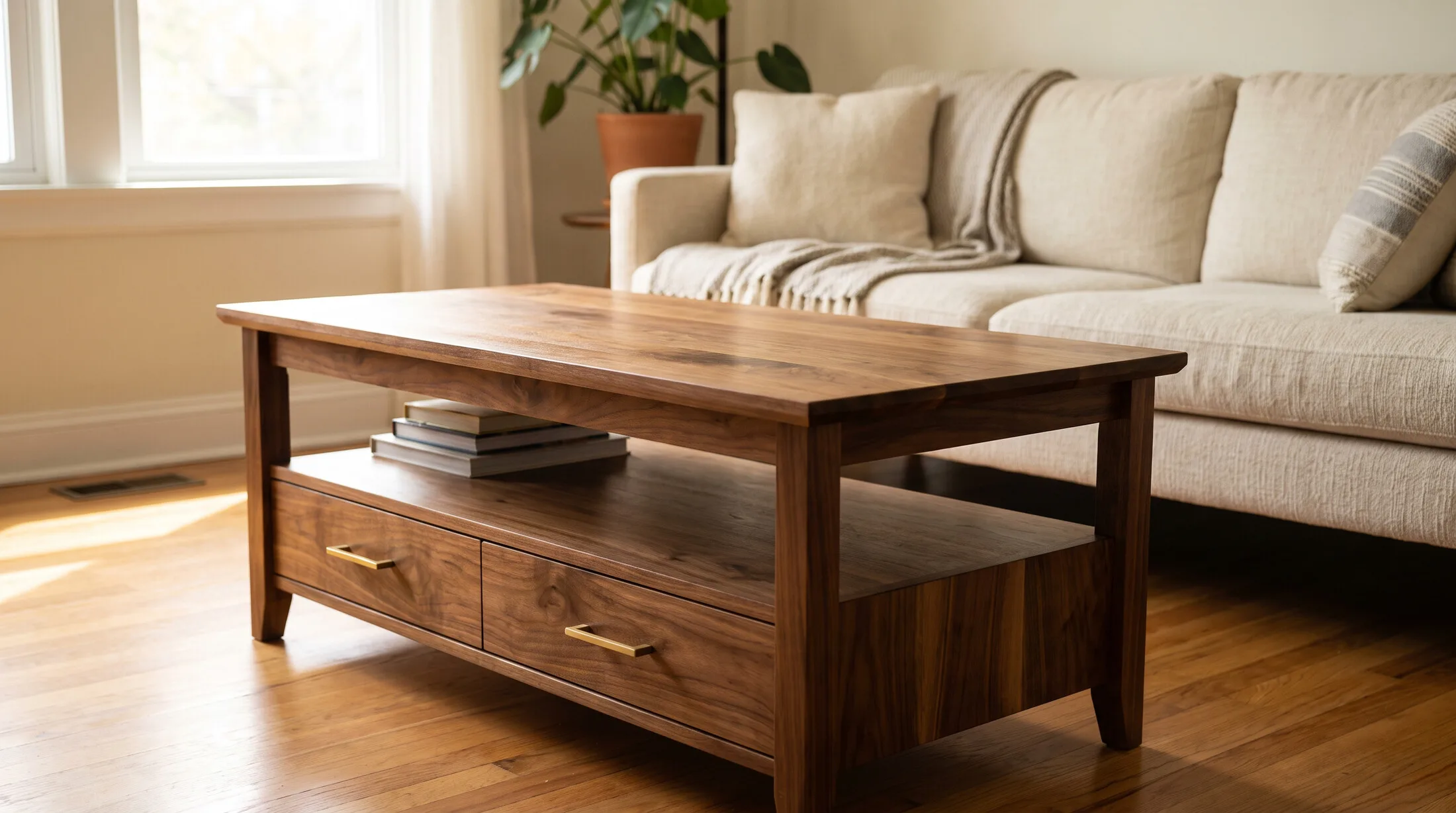 Solid walnut coffee table with a drawer