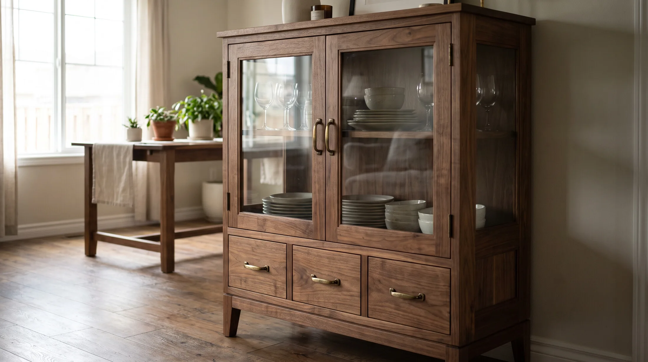Walnut crockery cabinet with glass doors