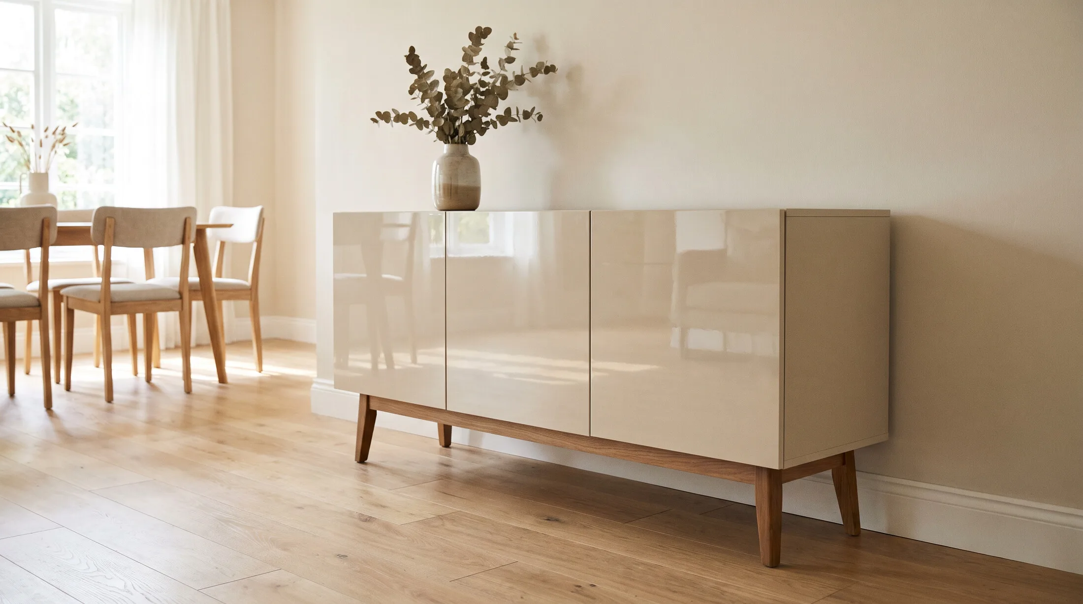 High-gloss white sideboard on wooden legs