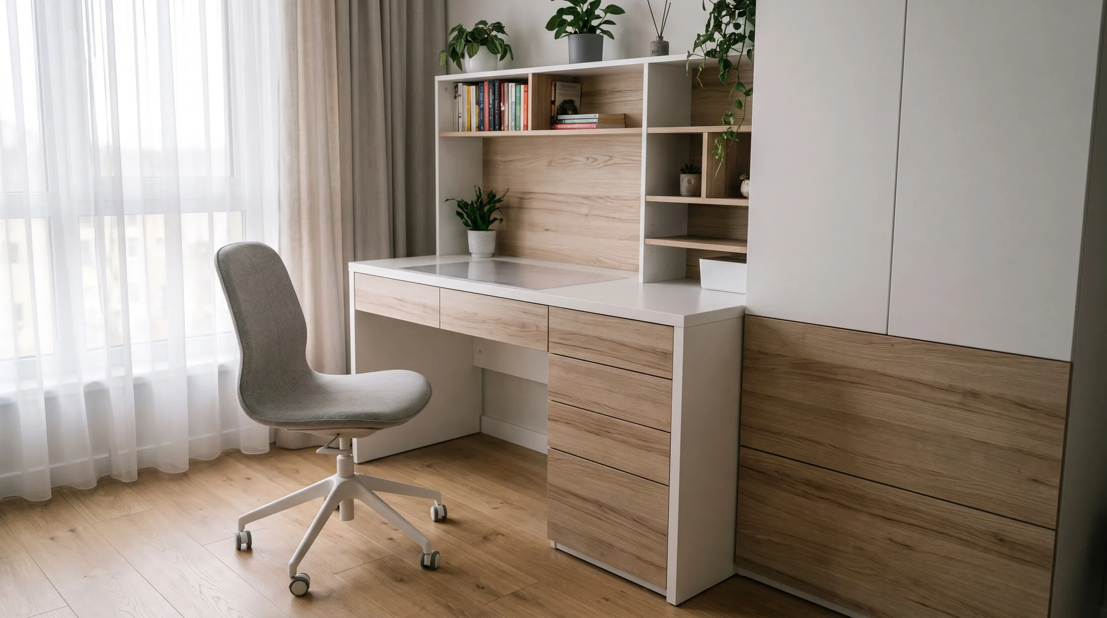 Study desk and storage unit in wood and white