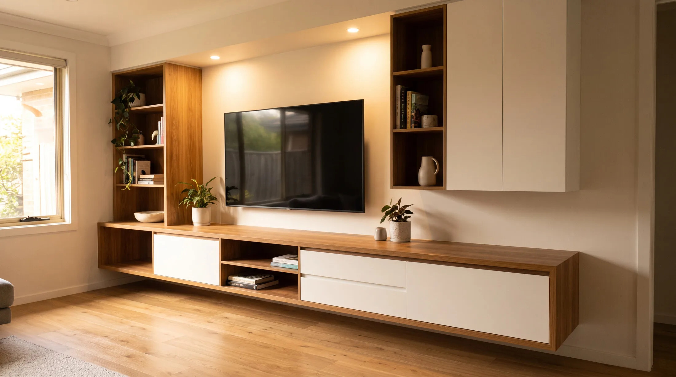 Modern wall-mounted TV unit in wood and white