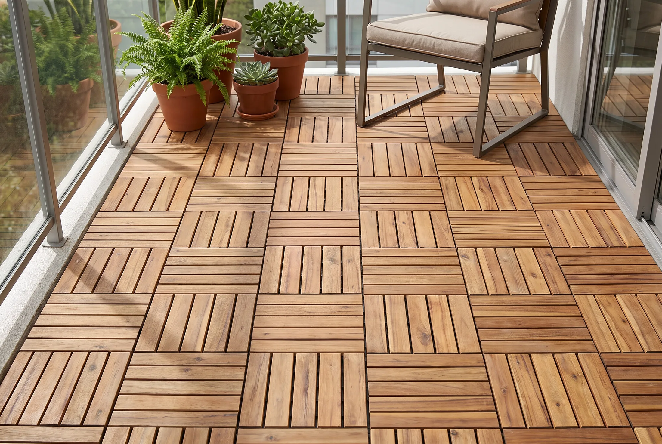 Solid wood interlocking deck tiles laid on an apartment balcony