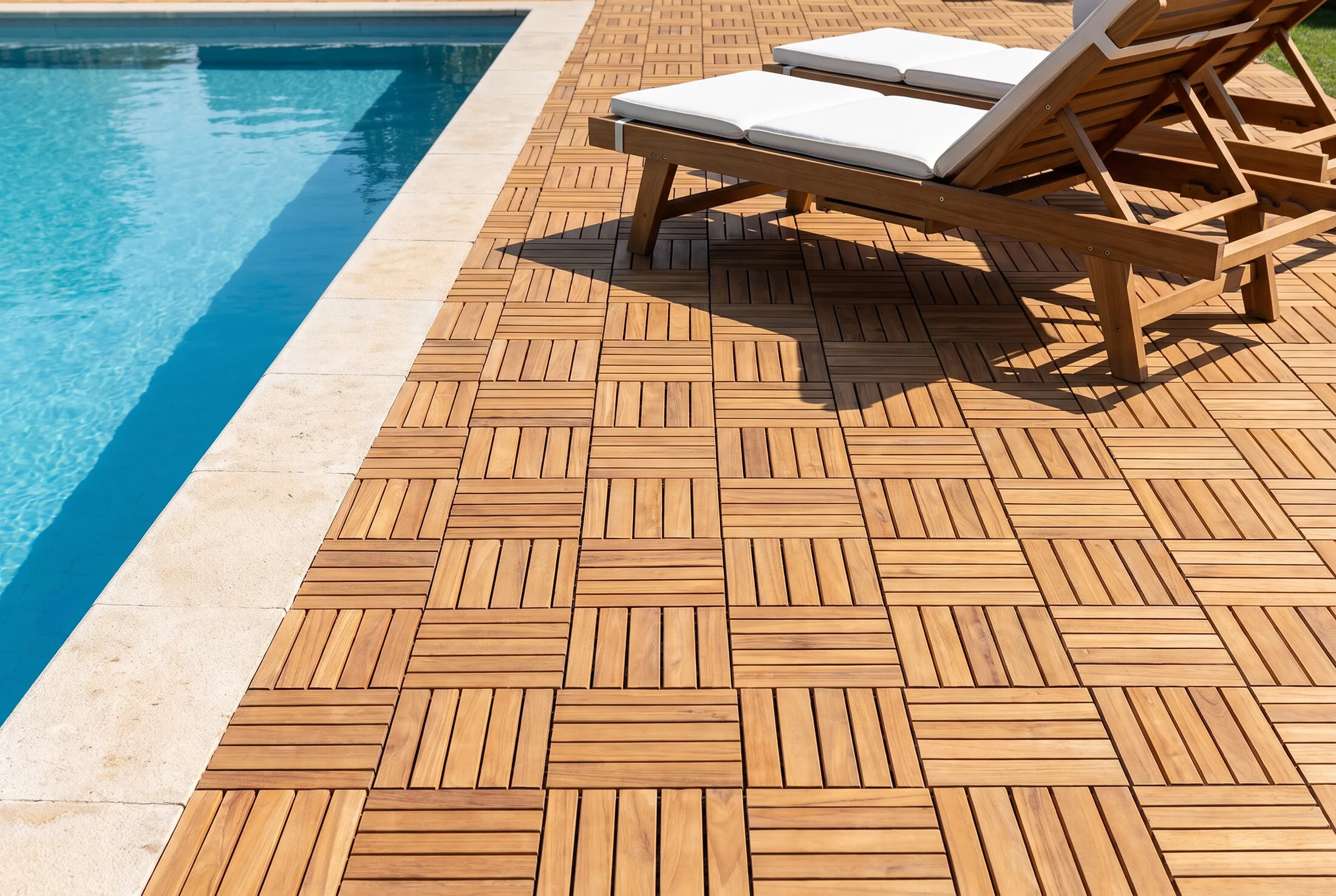 Teak deck tiles laid poolside with a sun lounger