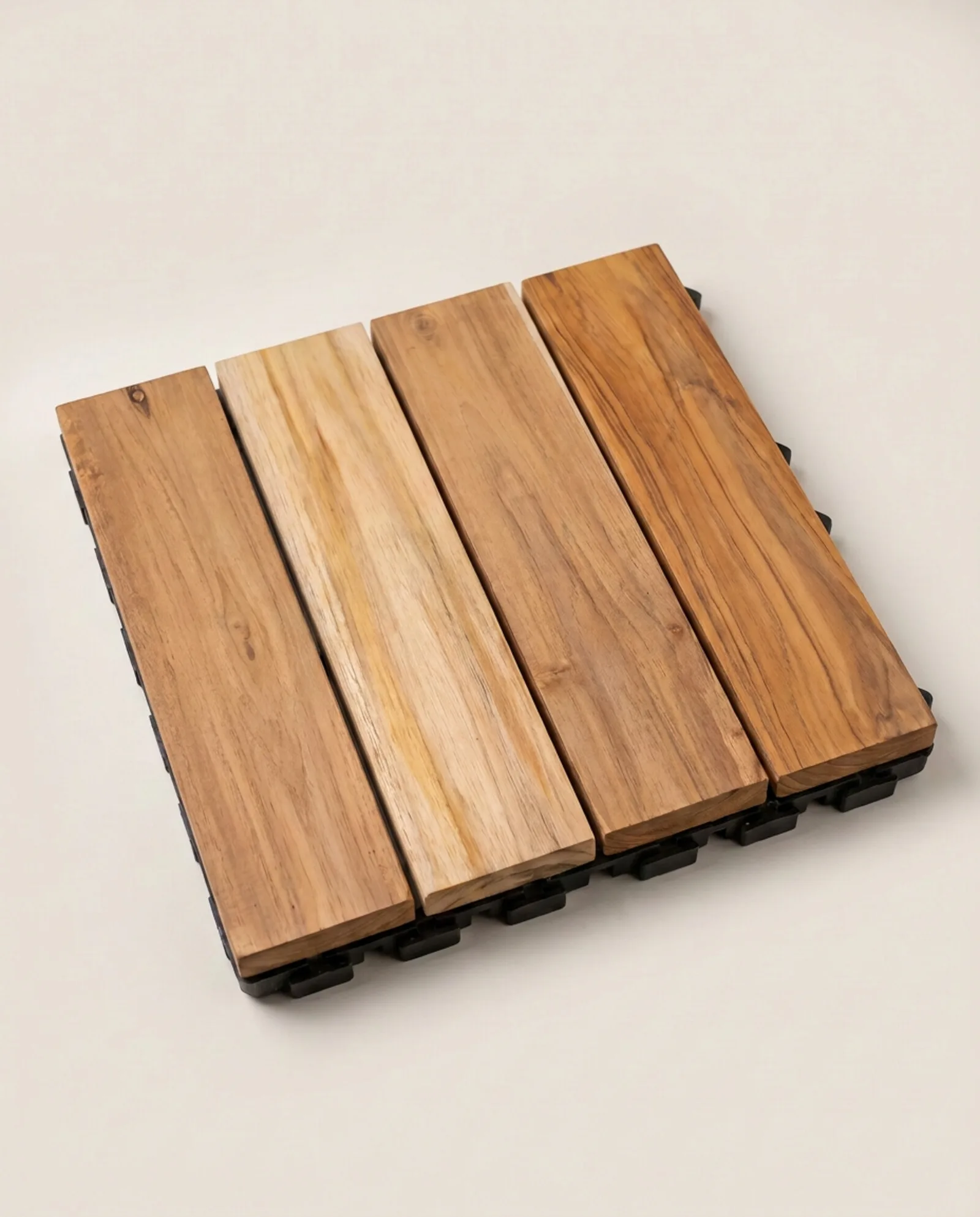 Single solid teak deck tile showing wood slats on a snap-together click base