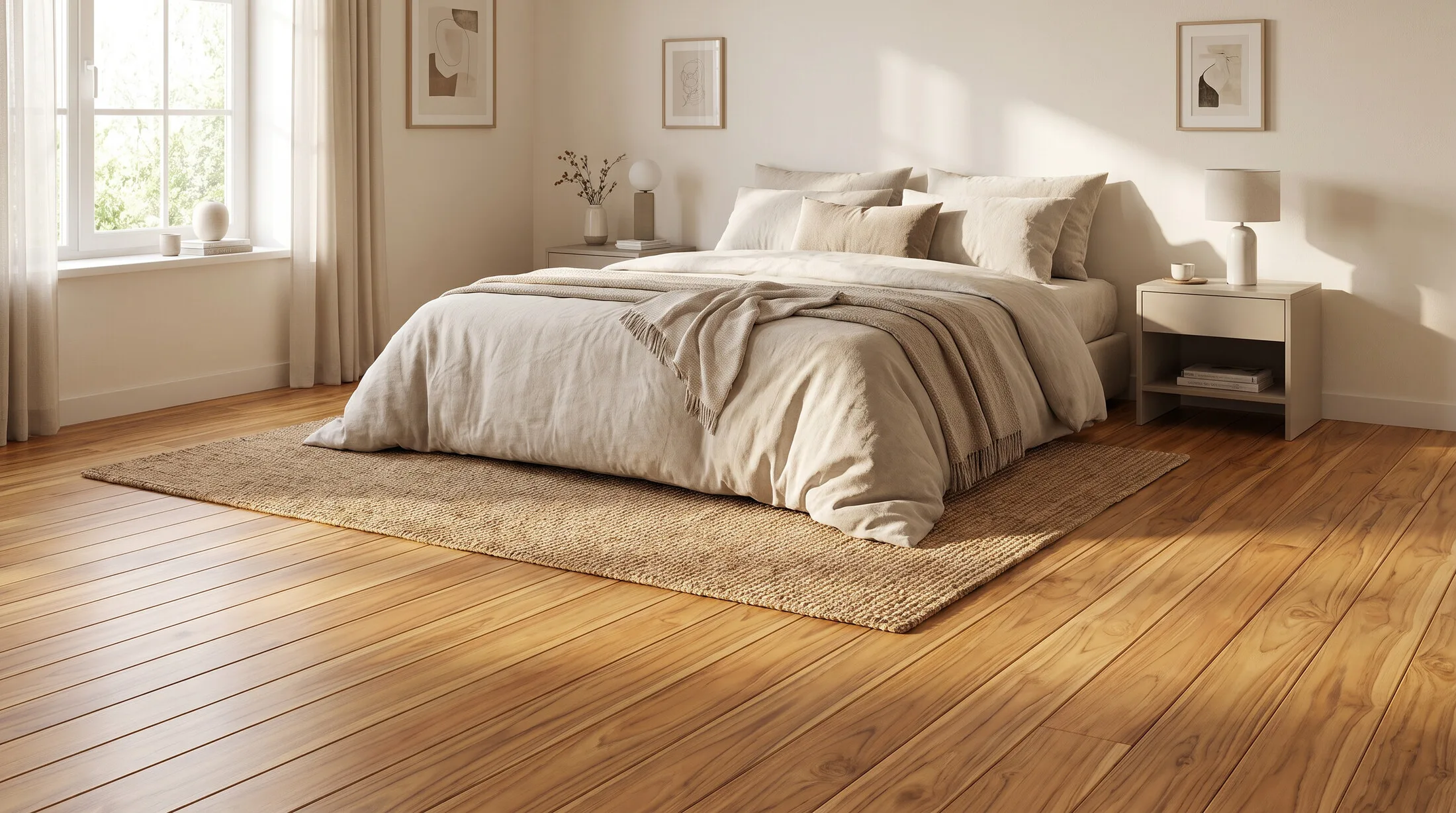 Solid wood teak flooring in a calm bedroom