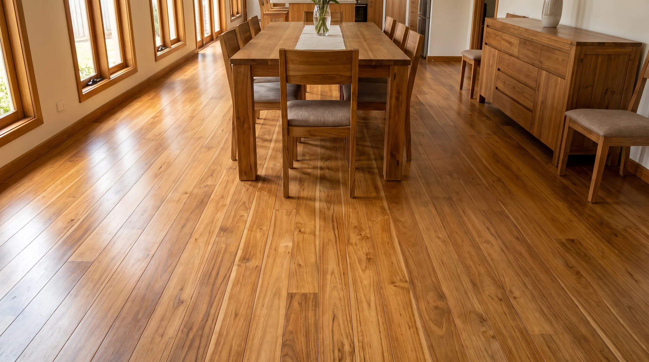 Solid wood flooring running through a dining room