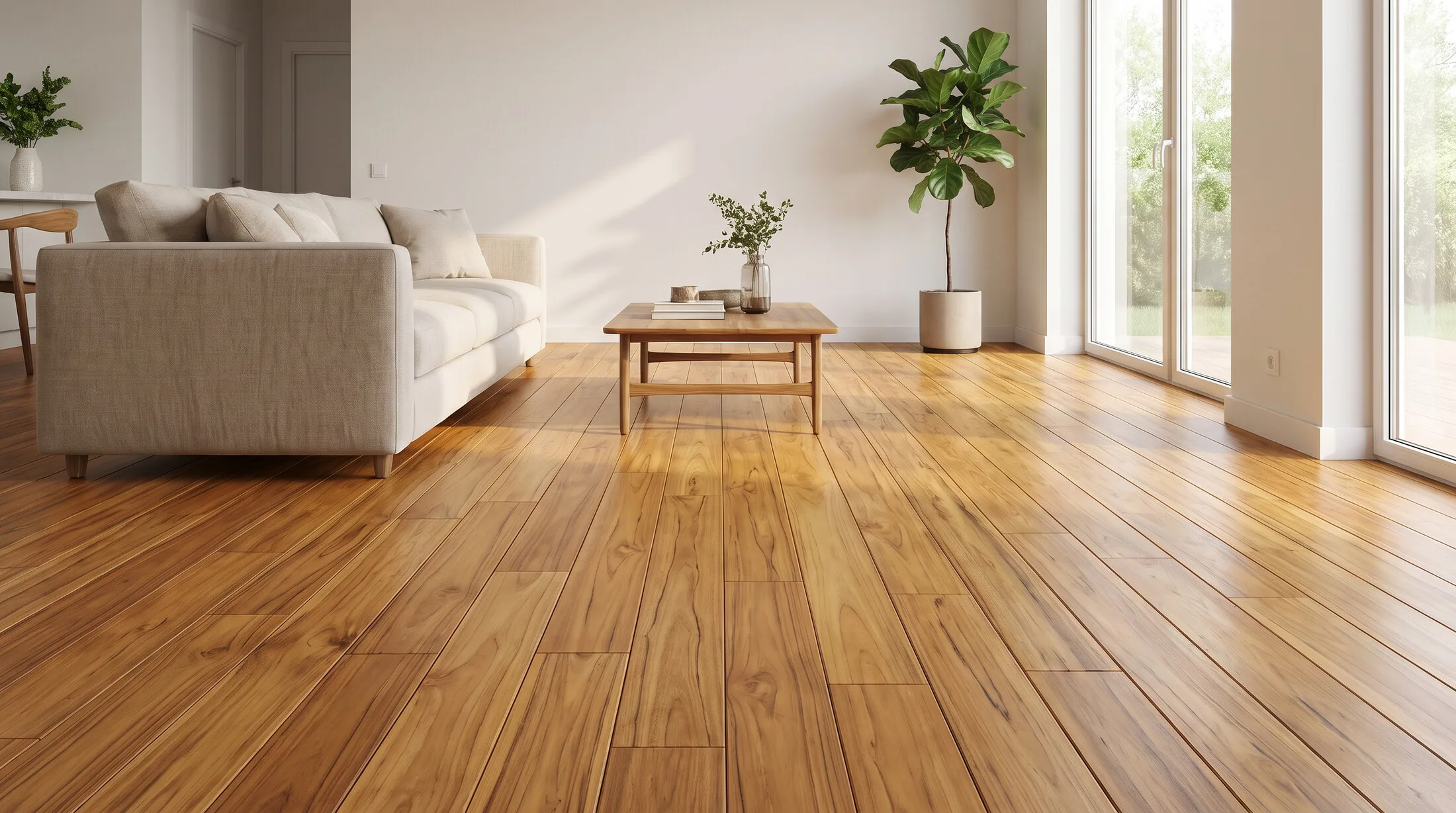 Solid teak wood flooring in a bright modern living room