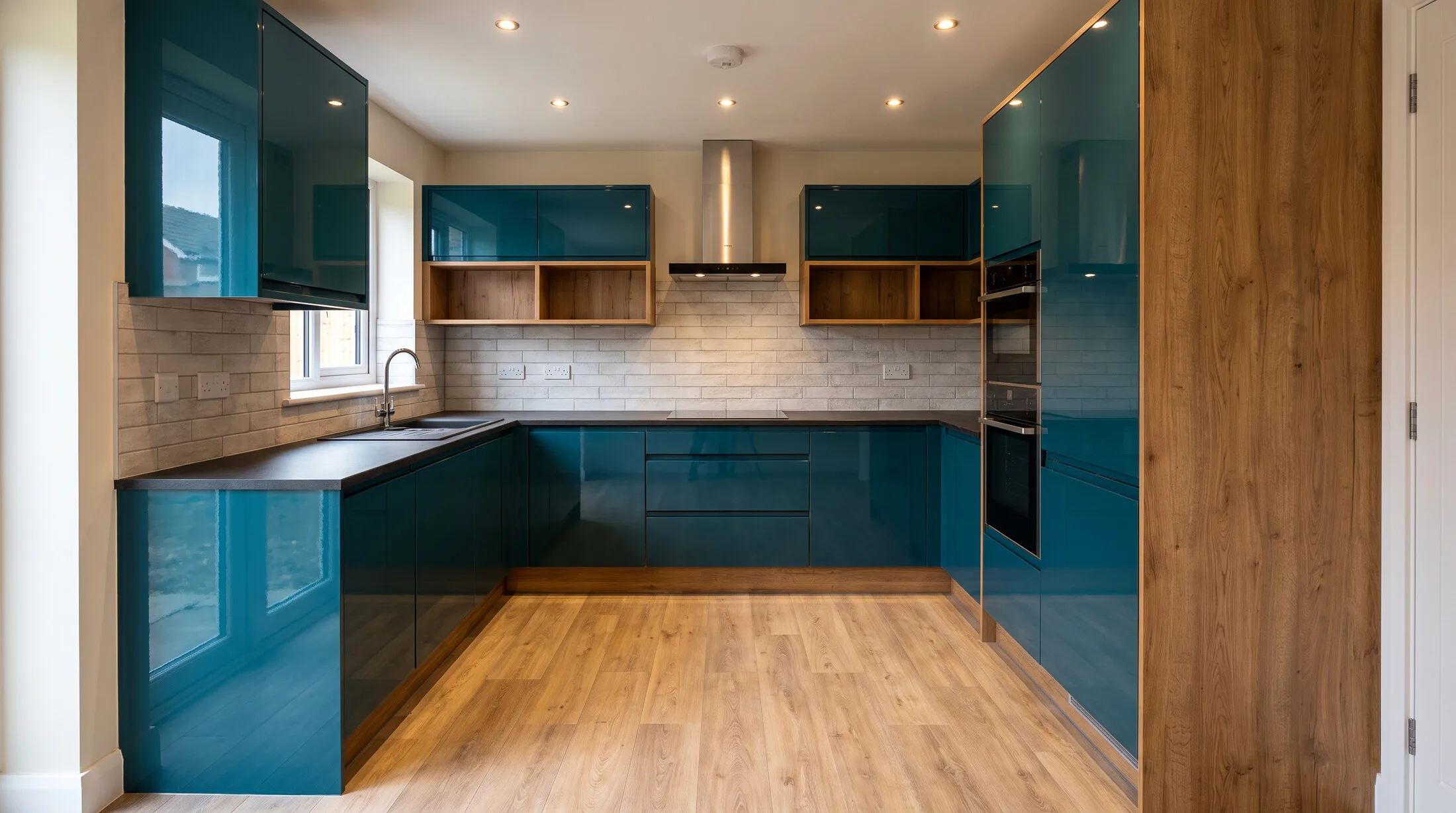 High-gloss acrylic modular kitchen with oak