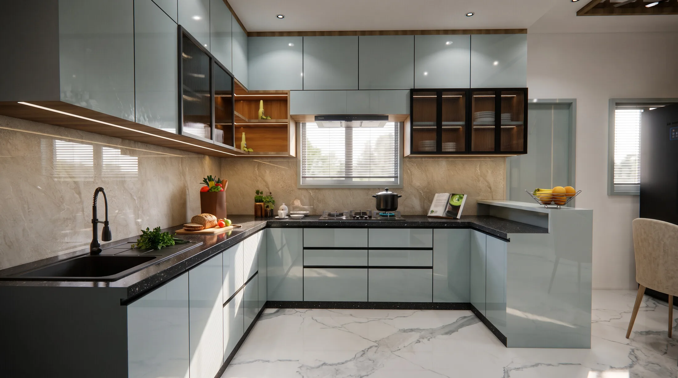 Handleless high-gloss modular kitchen in blue-grey