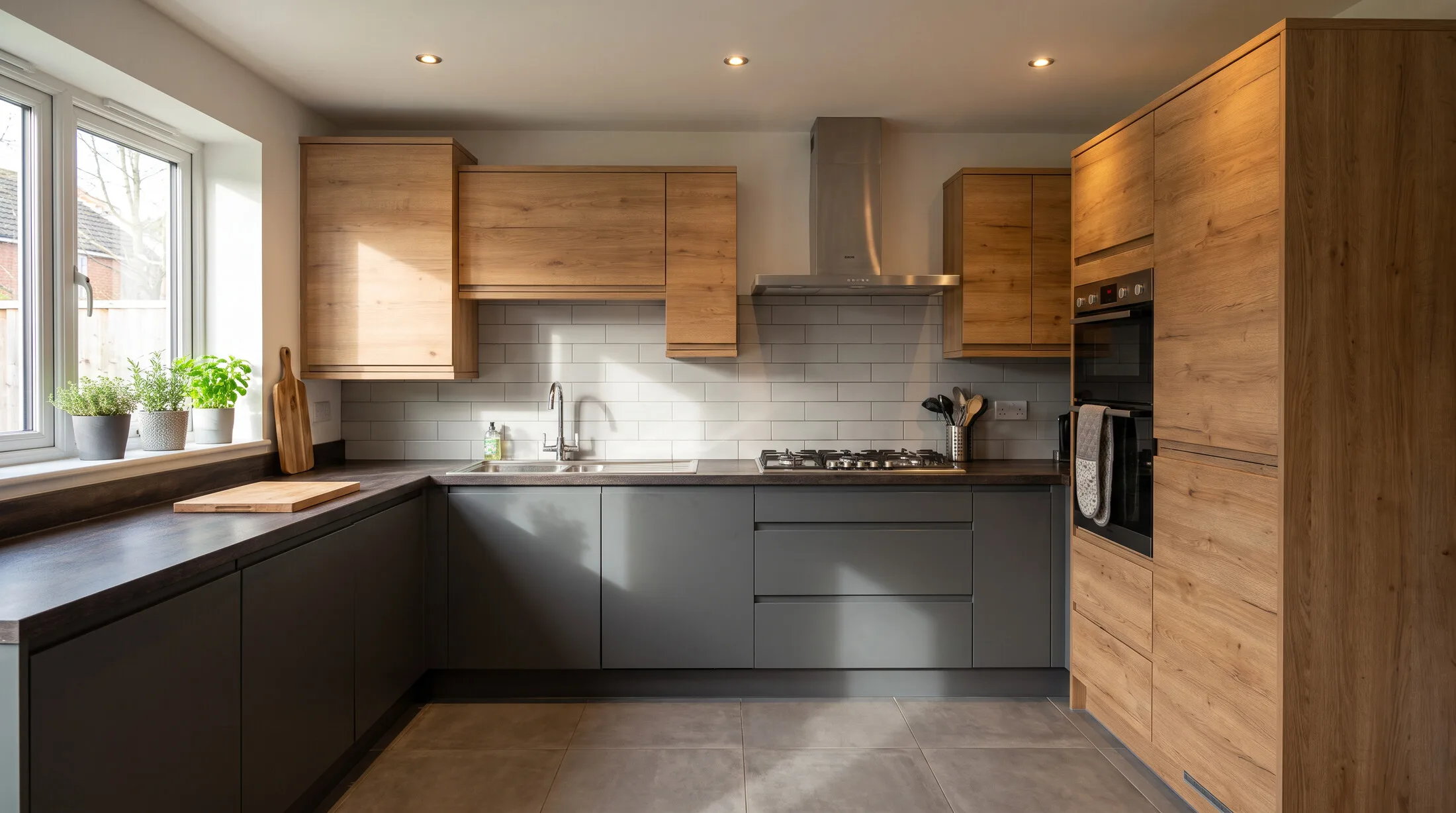 Two-tone laminate and woodgrain modular kitchen