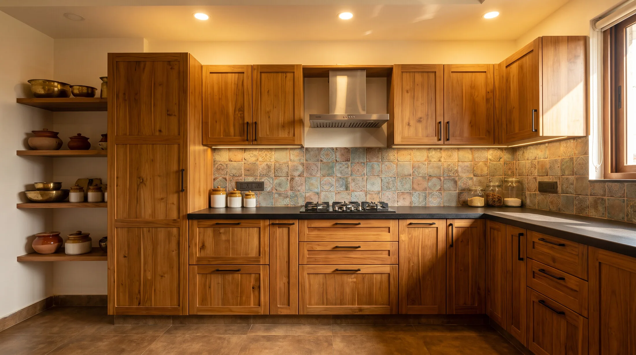 Warm teak-wood modular kitchen