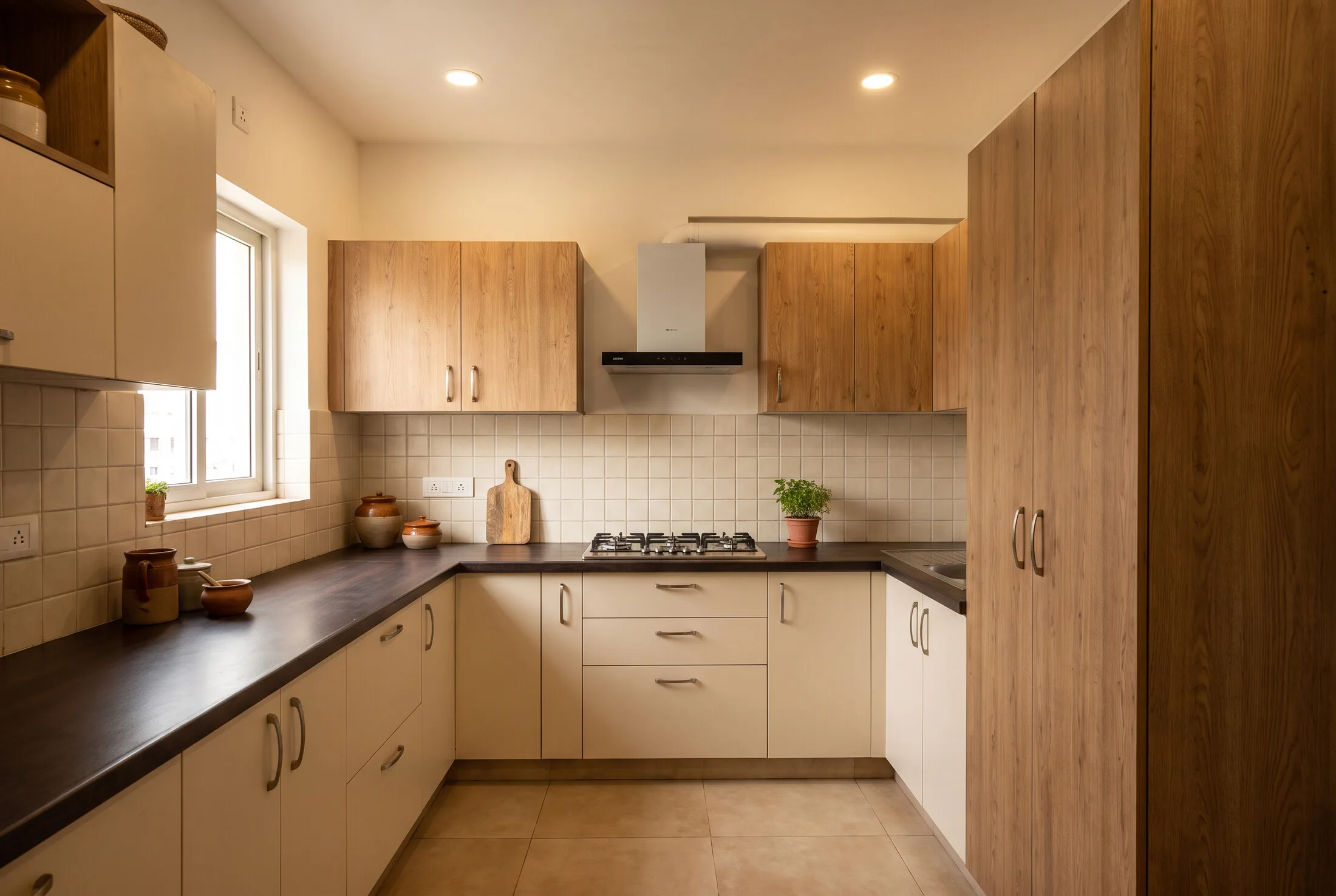Cream laminate and oak modular kitchen