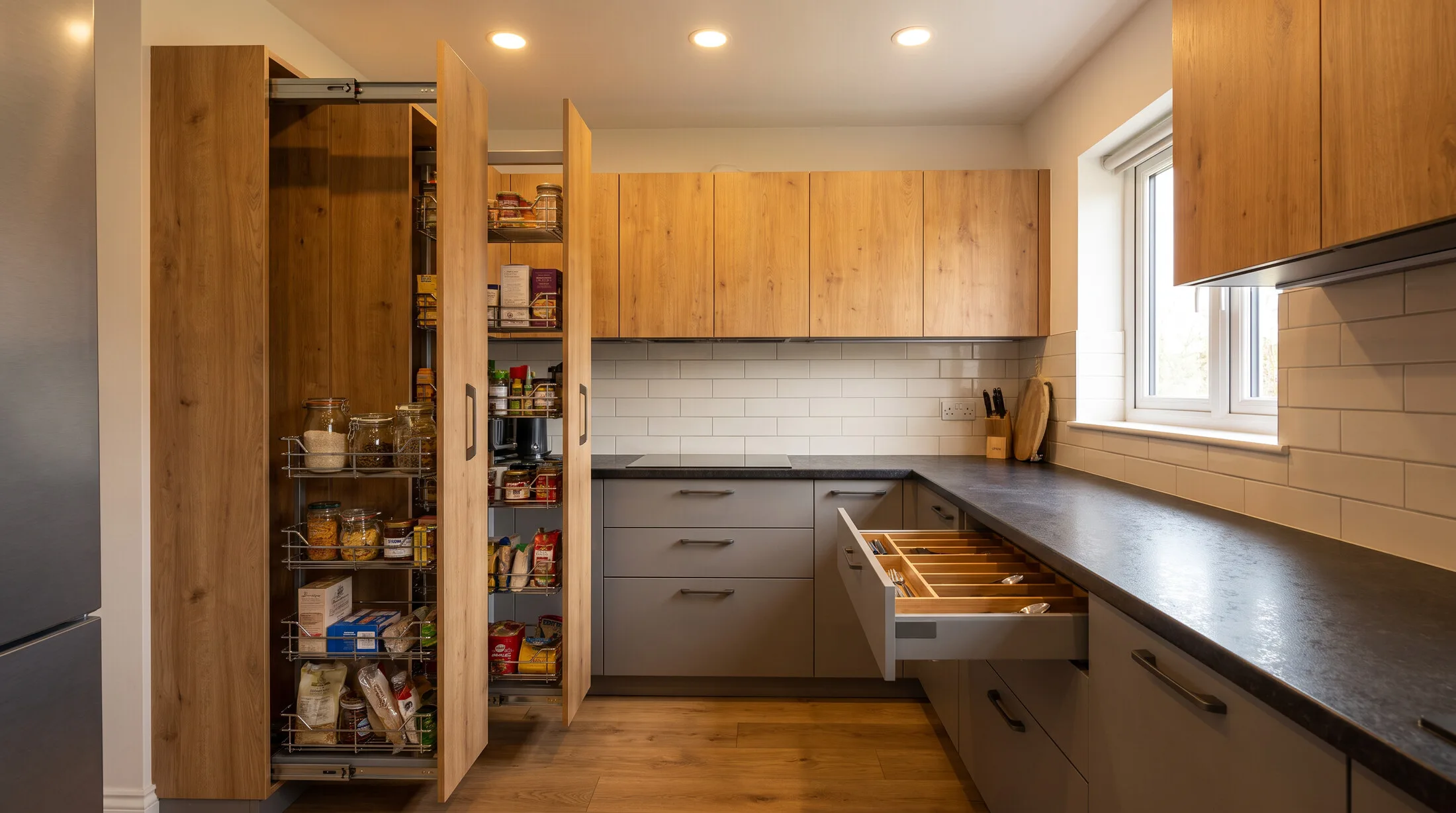 Modular kitchen with a tall pantry pull-out open