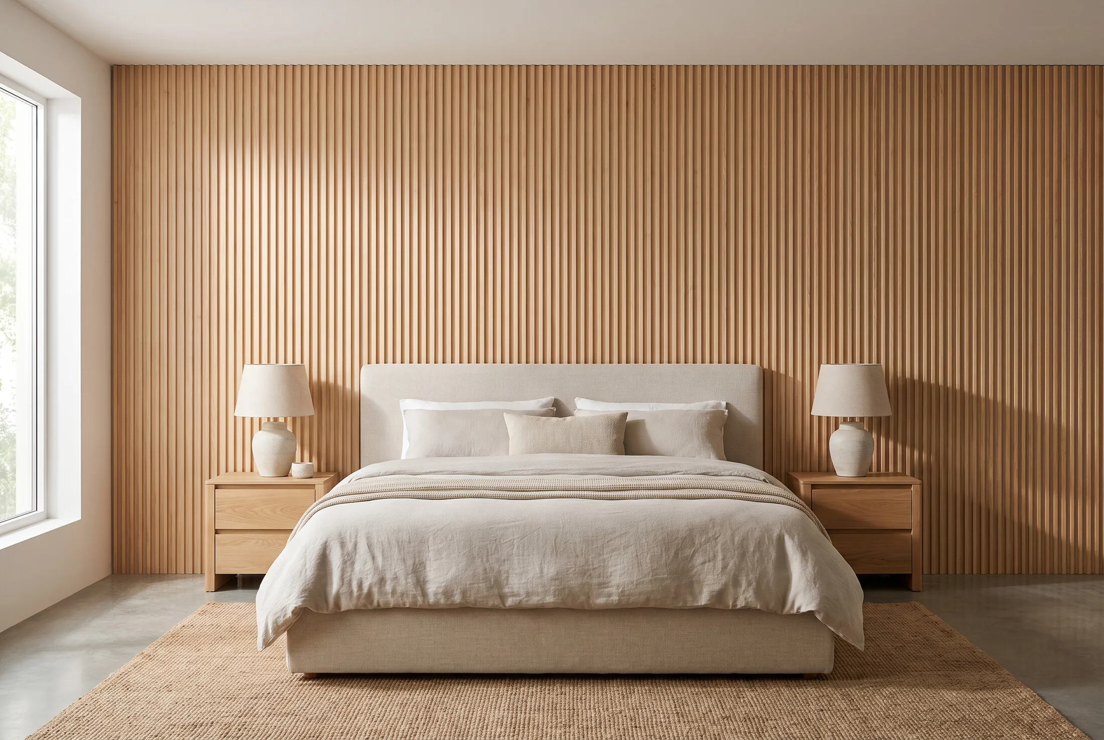 Fluted wood wall panels behind a bed as a feature wall