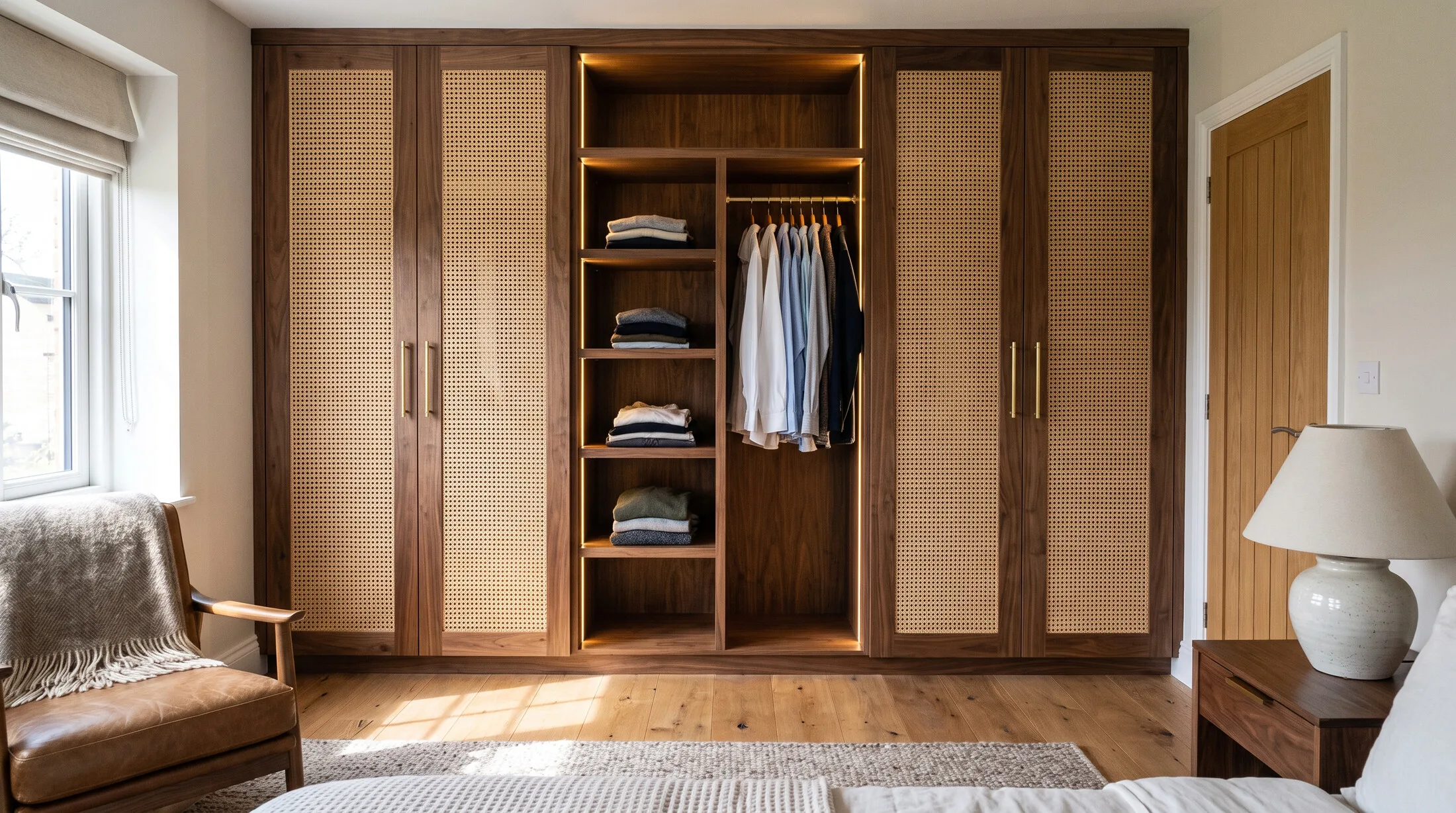 Walnut wardrobe with cane panels and open hanging