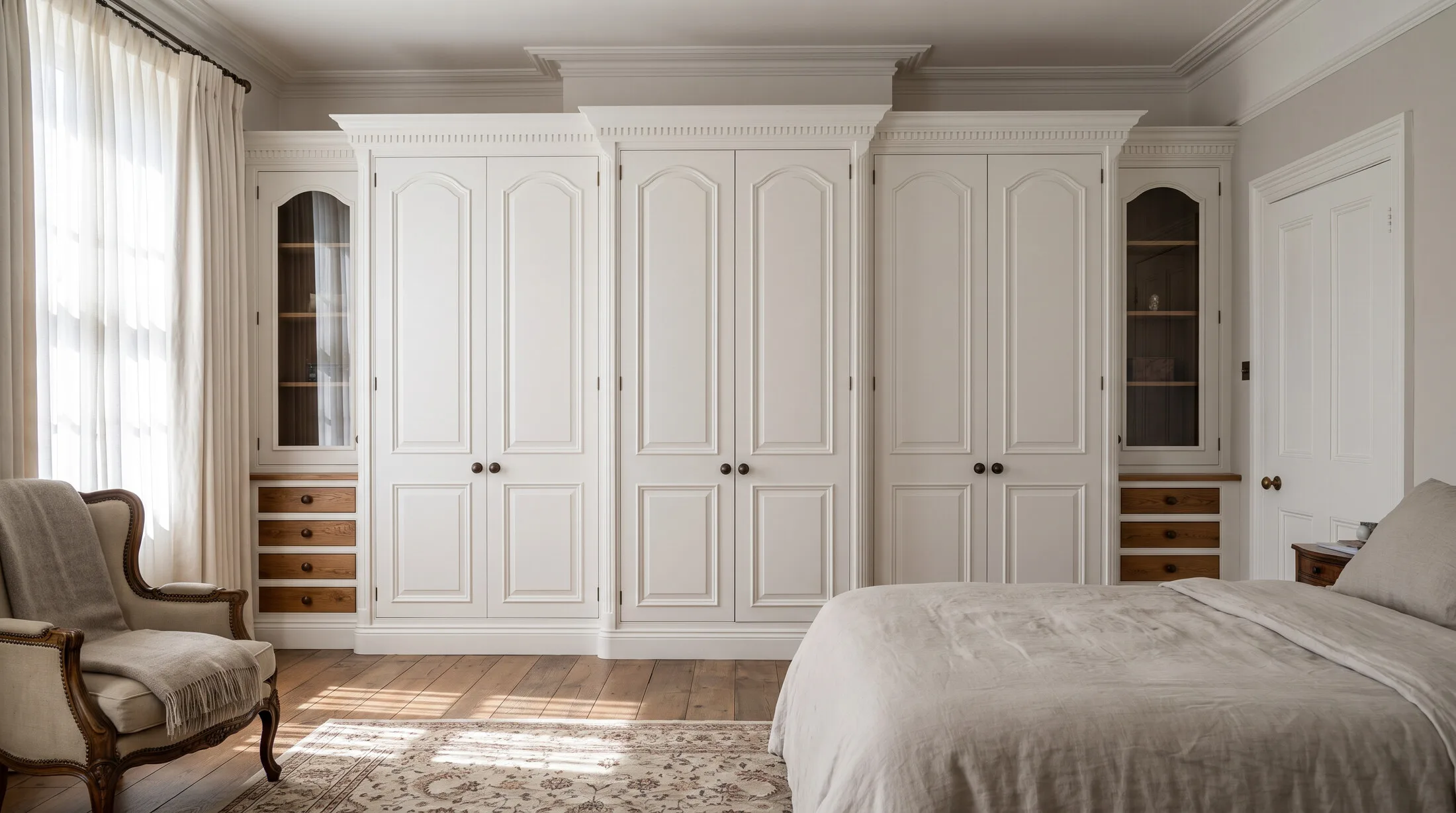 Classic white raised-panel fitted wardrobe