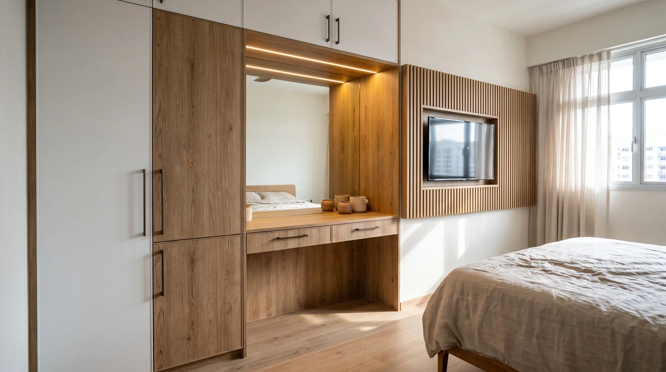 Wardrobe combined with a dressing table and TV panel