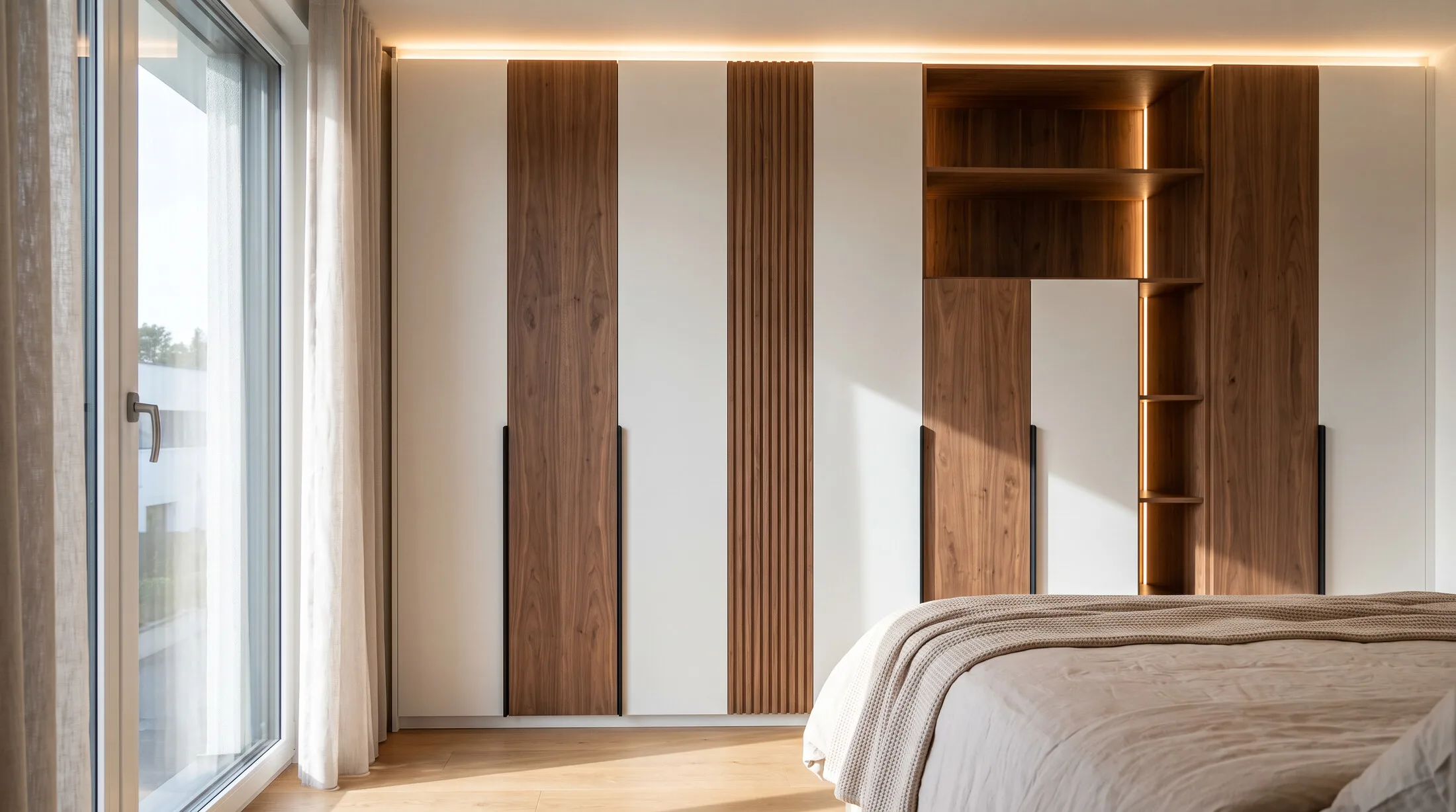 Cream fitted wardrobe with fluted wood and open shelving