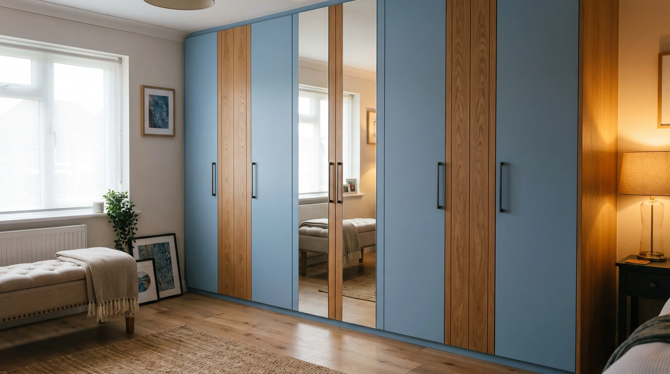 Two-tone blue and walnut fitted wardrobe with mirror