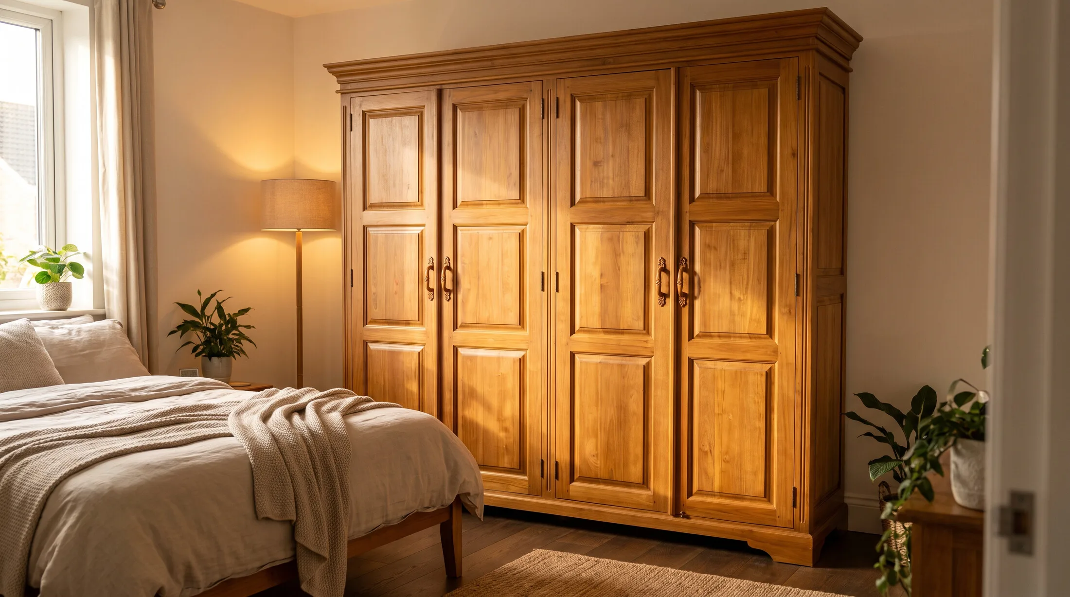 Solid teak wardrobe in a warm bedroom
