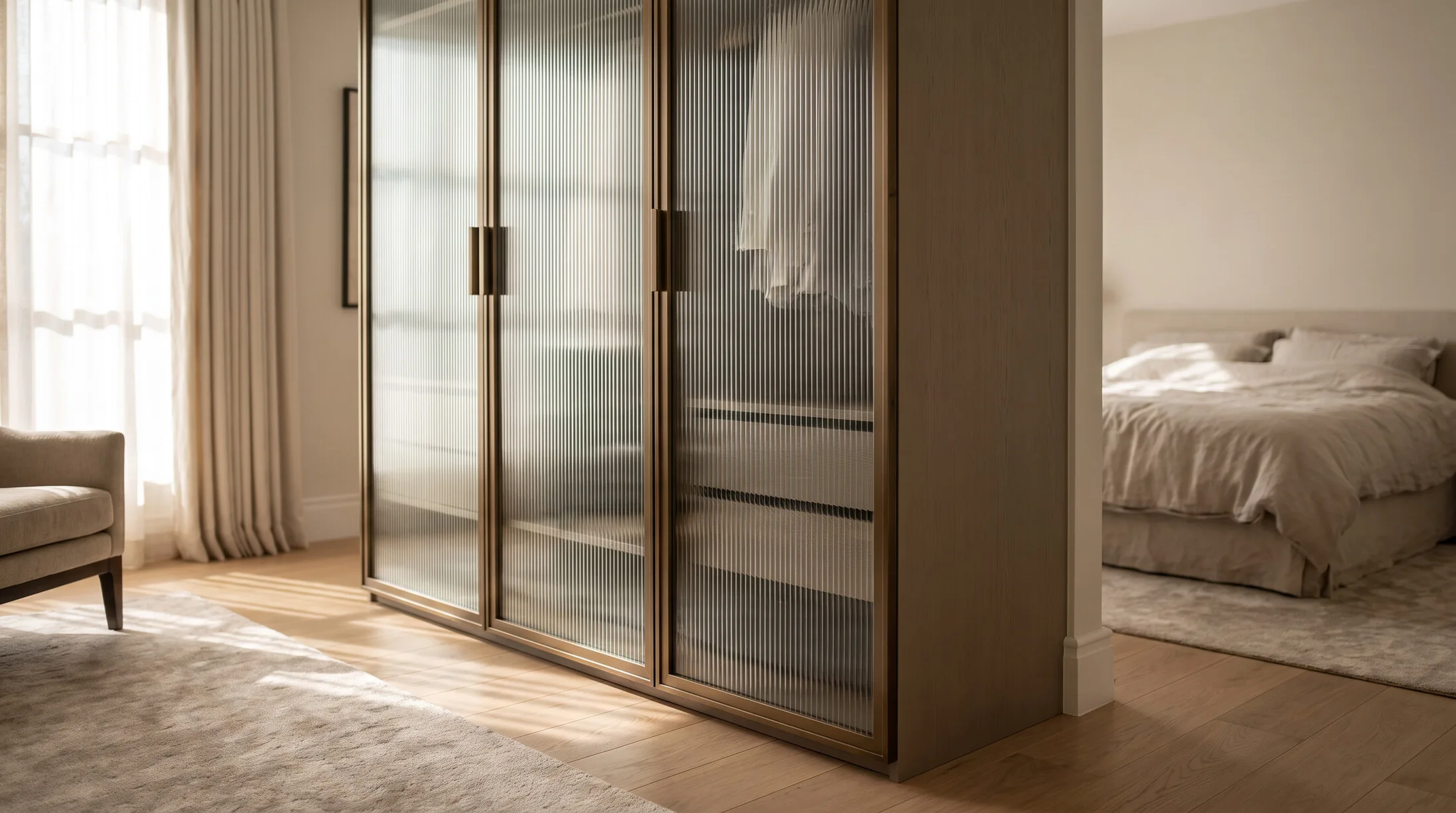 Freestanding wardrobe with fluted-glass doors in bronze frames