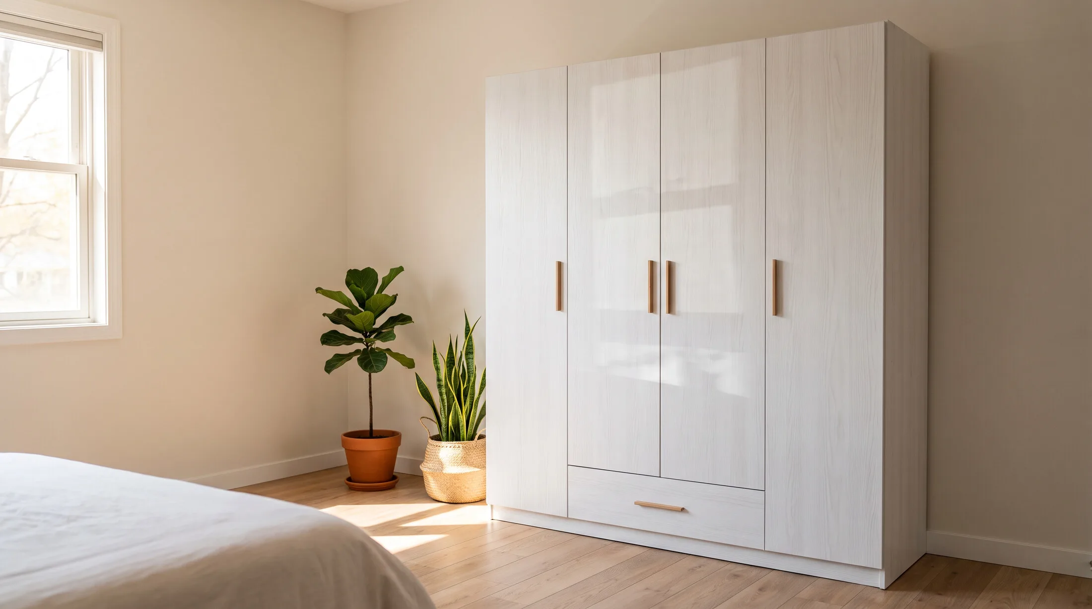 Freestanding walnut laminate wardrobe with mirror door