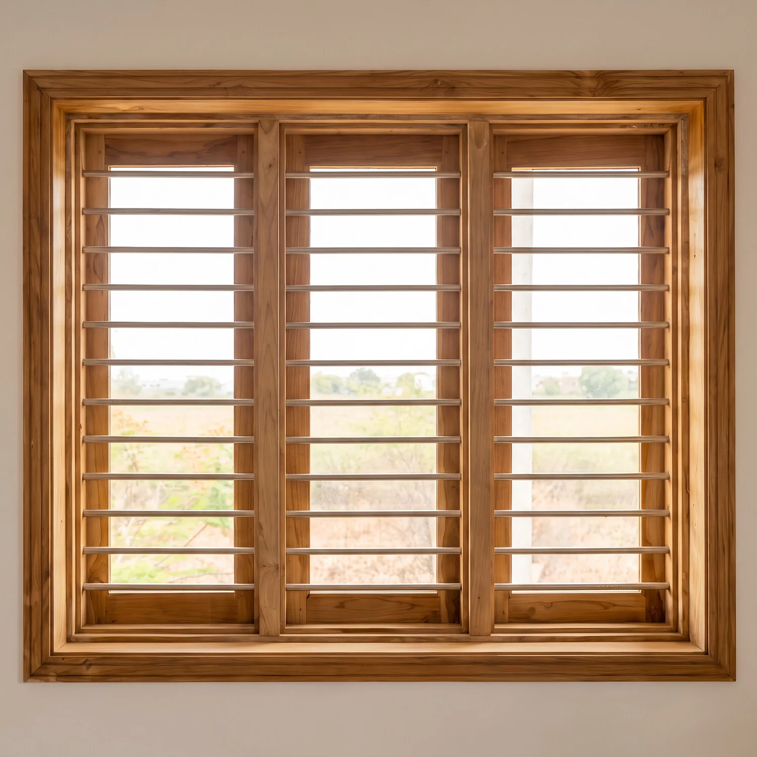 Solid wood window with steel safety bars, installed in a home