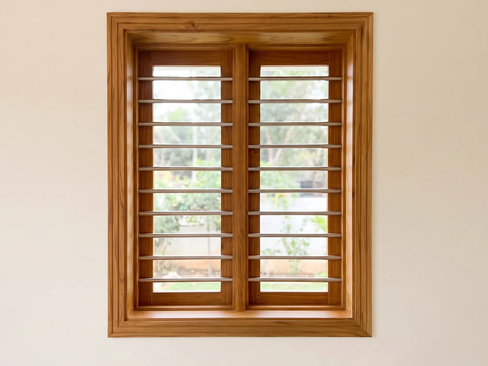 Wooden window with horizontal steel safety bars across the opening